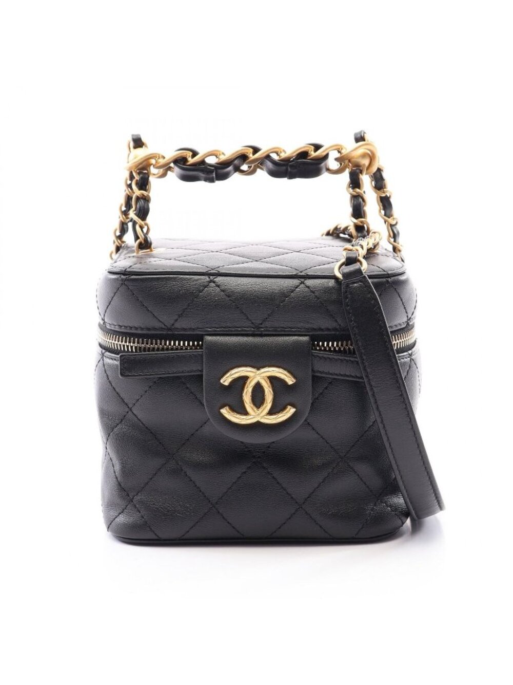 Chanel Shoulder Bag Quilted Vanity 2-Way Black Lambskin Small Chain
